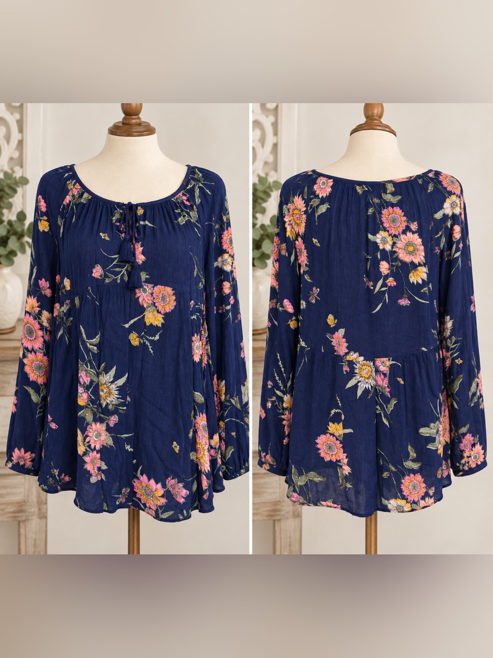 Old Navy Navy Floral Tie-Neck Peasant Tunic